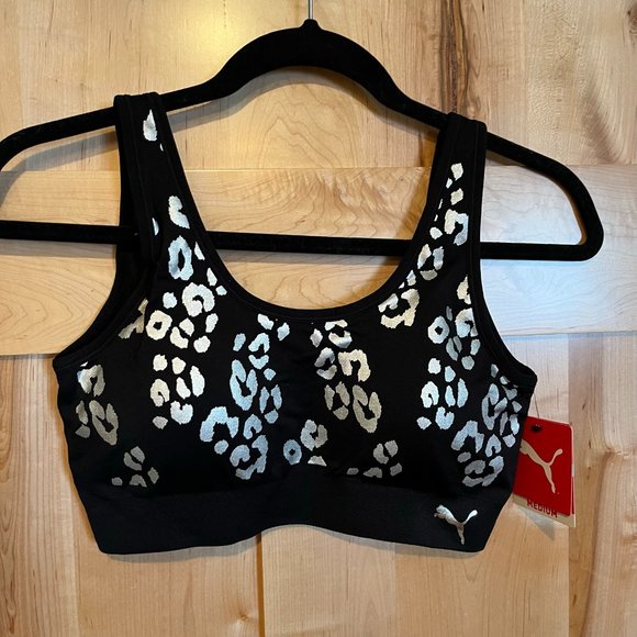 NWT Puma Seamless Bra Drycell Removable Cups Sport Stretch M Medium Black Silver - Picture 1 of 7
